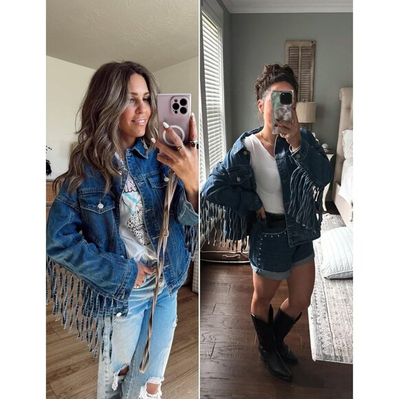 Women's Oversized Fringed Jacket Tassel Jean Jackets Cowgirl Western Denim Blue - Picture 4 of 9